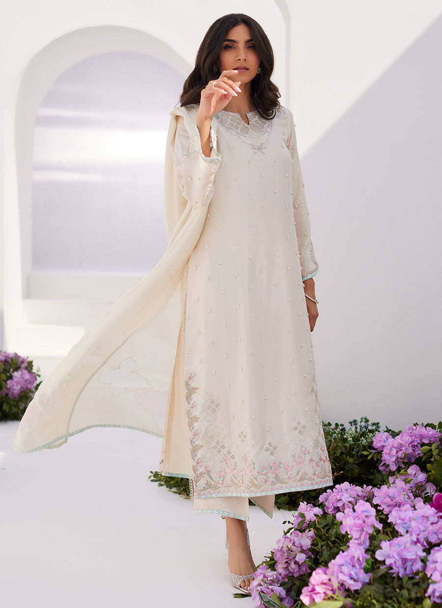 Farah Talib Aziz | Zaza Luxe Pret 24 | LYA IVORY EMBELLISHED RAW SILK SHIRT AND DUPATTA by Farah Talib Aziz - Designer Dress - Type: Ladies Clothes - Available at Libayah - 100% Original