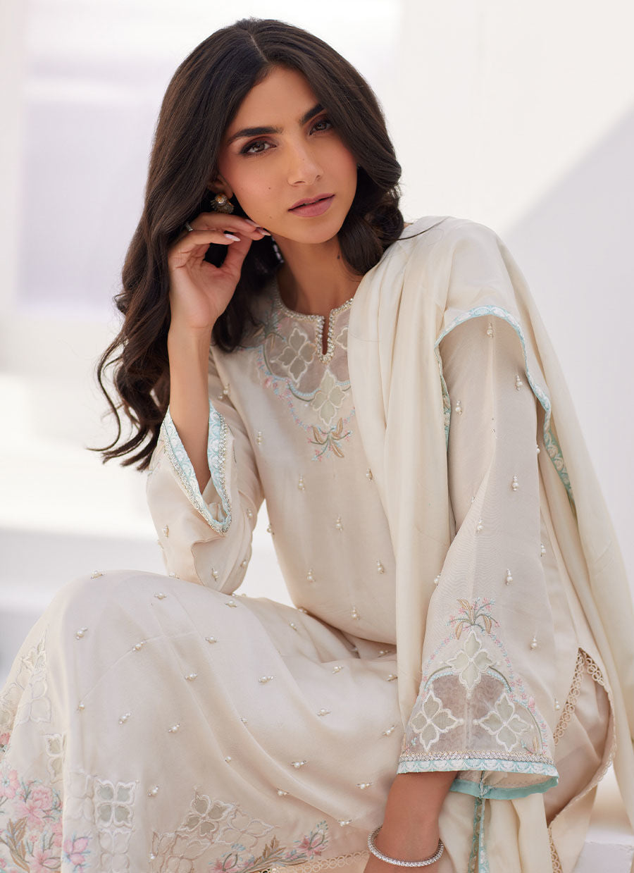 Farah Talib Aziz | Zaza Luxe Pret 24 | LYA IVORY EMBELLISHED RAW SILK SHIRT AND DUPATTA by Farah Talib Aziz - Designer Dress - Type: Ladies Clothes - Available at Libayah - 100% Original