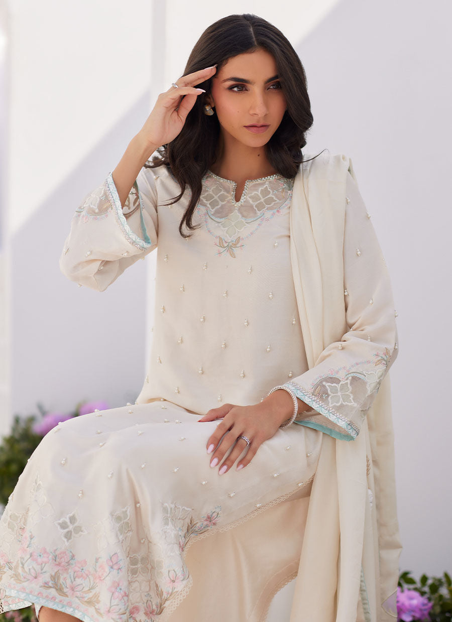 Farah Talib Aziz | Zaza Luxe Pret 24 | LYA IVORY EMBELLISHED RAW SILK SHIRT AND DUPATTA by Farah Talib Aziz - Designer Dress - Type: Ladies Clothes - Available at Libayah - 100% Original