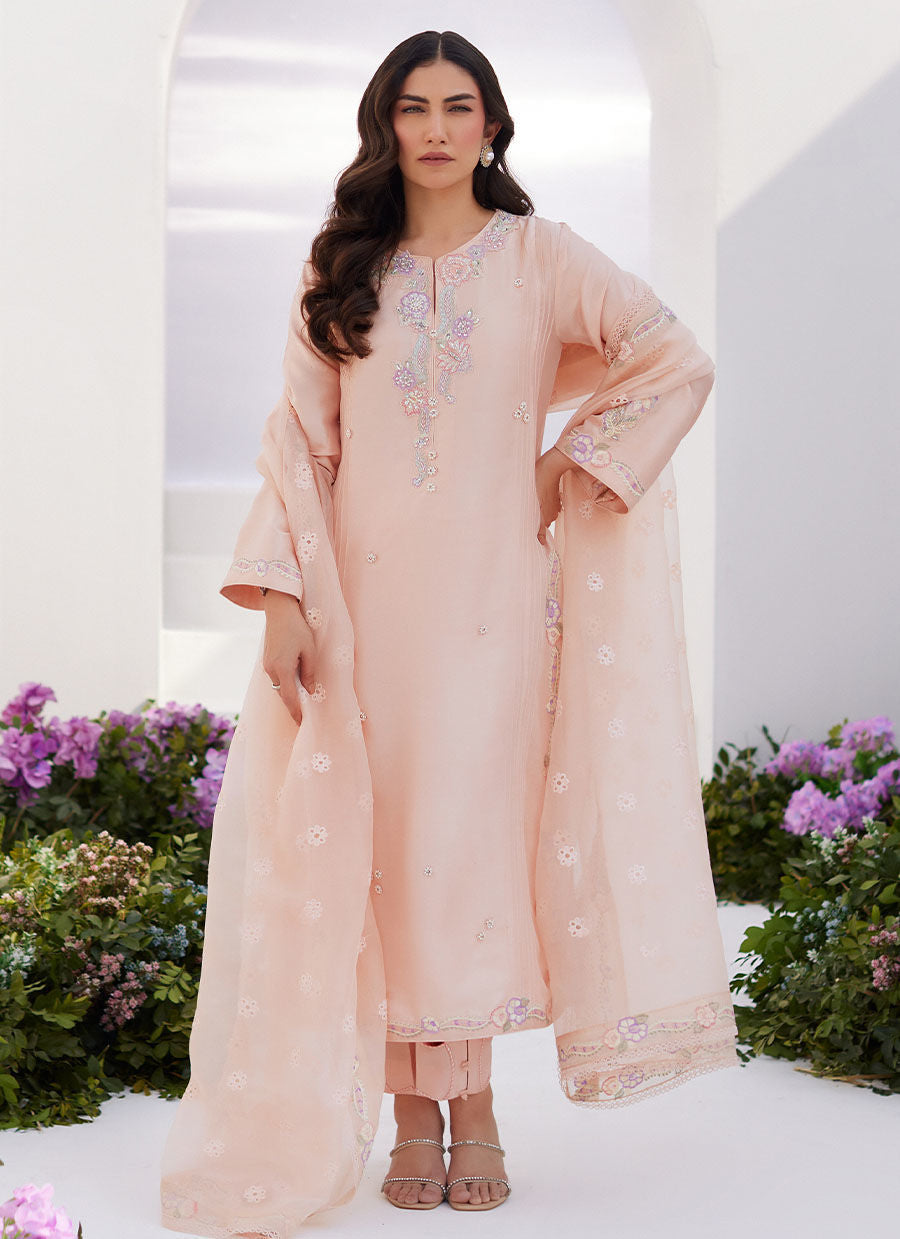 Farah Talib Aziz | Zaza Luxe Pret 24 | ELEA PEACH EMBROIDERED RAW SILK SHIRT AND DUPATTA by Farah Talib Aziz - Designer Dress - Type: Ladies Clothes - Available at Libayah - 100% Original