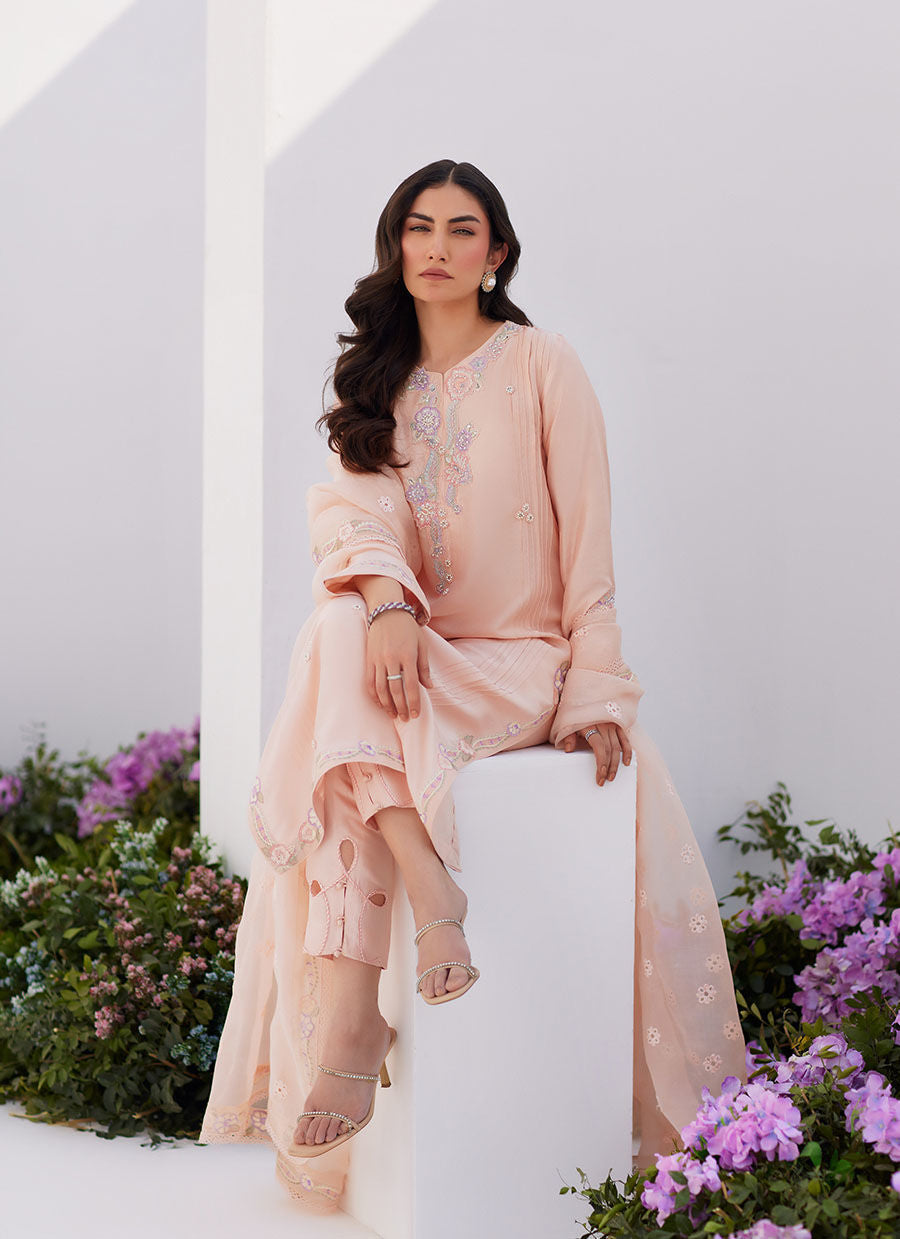 Farah Talib Aziz | Zaza Luxe Pret 24 | ELEA PEACH EMBROIDERED RAW SILK SHIRT AND DUPATTA by Farah Talib Aziz - Designer Dress - Type: Ladies Clothes - Available at Libayah - 100% Original