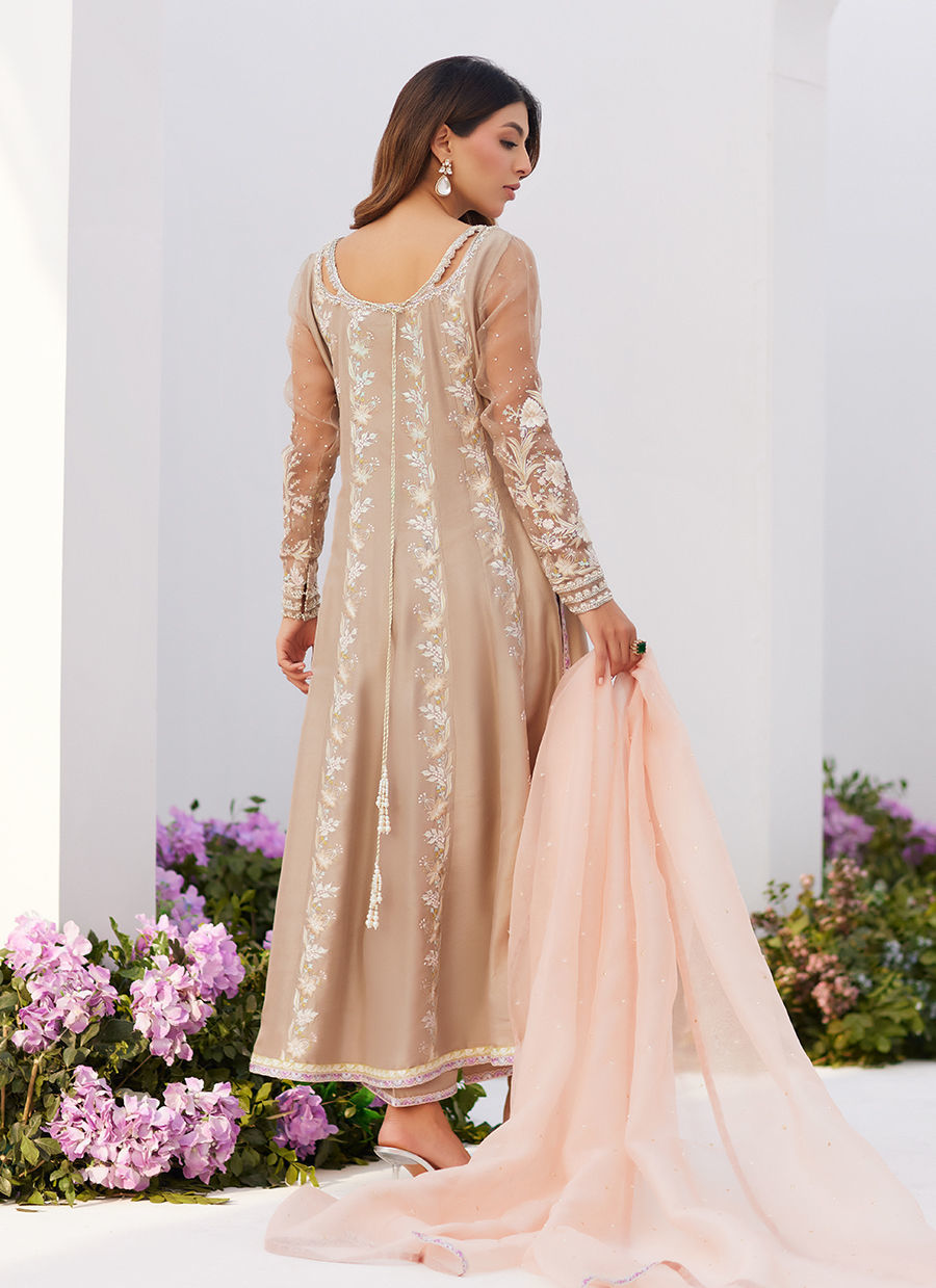 Farah Talib Aziz | Zaza Luxe Pret 24 | CHARLENE SAND EMBROIDERED KALIDAAR WITH DUPATTA by Farah Talib Aziz - Designer Dress - Type: Ladies Clothes - Available at Libayah - 100% Original