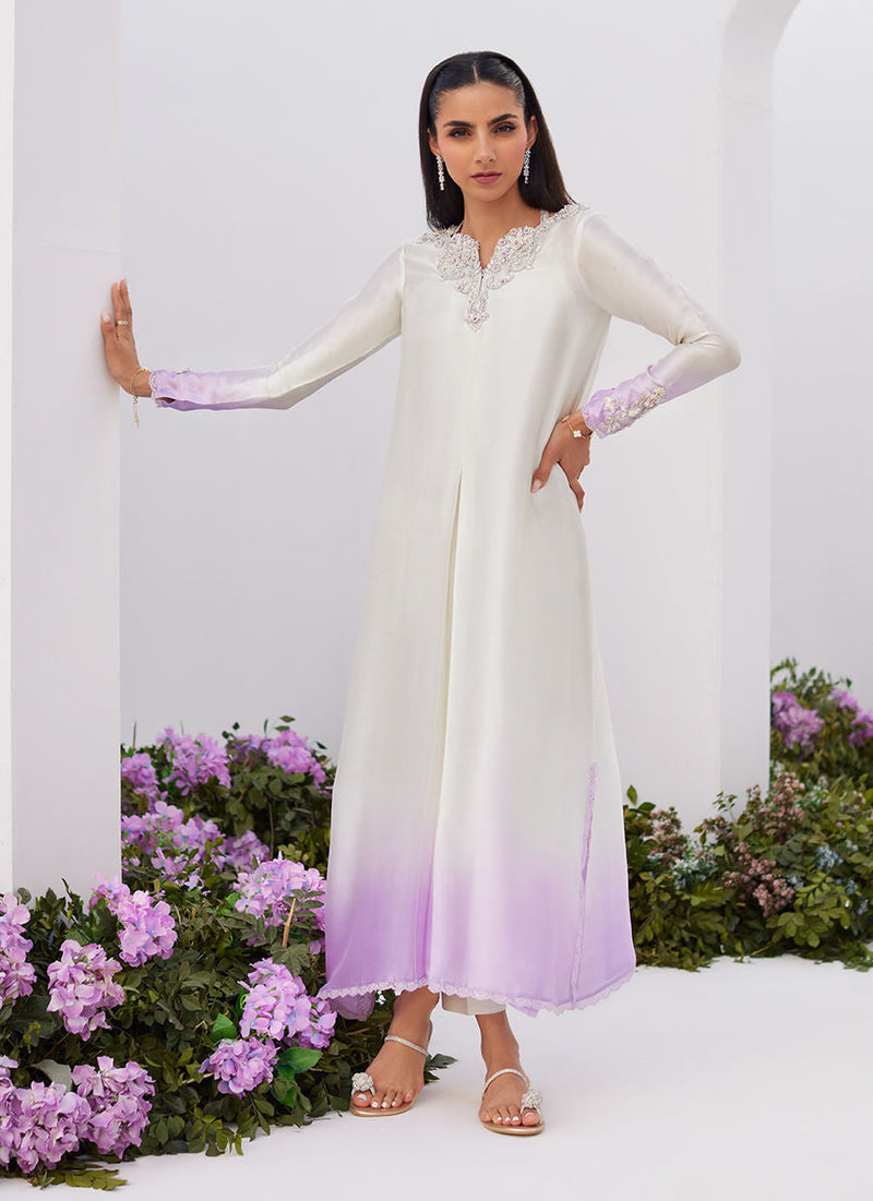 Farah Talib Aziz | Zaza Luxe Pret 24 | LIQUE SILVER OMBRE EMBELLISHED KAFTAAN CUT SHIRT by Farah Talib Aziz - Designer Dress - Type: Ladies Clothes - Available at Libayah - 100% Original