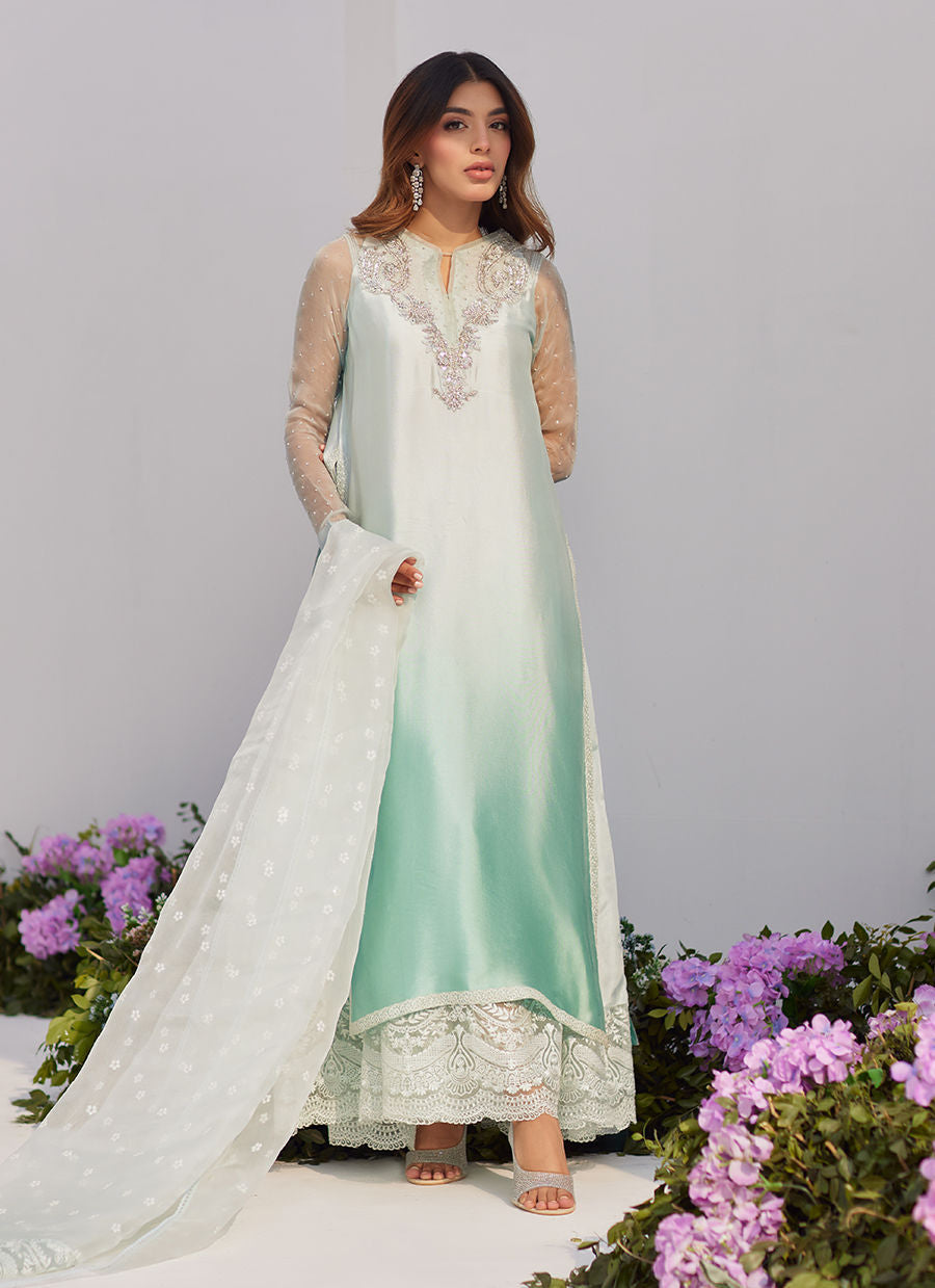 Farah Talib Aziz | Zaza Luxe Pret 24 | SOLENE AQUA OMBRE EMBELLISHED COLUMN SHIRT WITH EMBROIDERED KALIDAAR SLIP by Farah Talib Aziz - Designer Dress - Type: Ladies Clothes - Available at Libayah - 100% Original