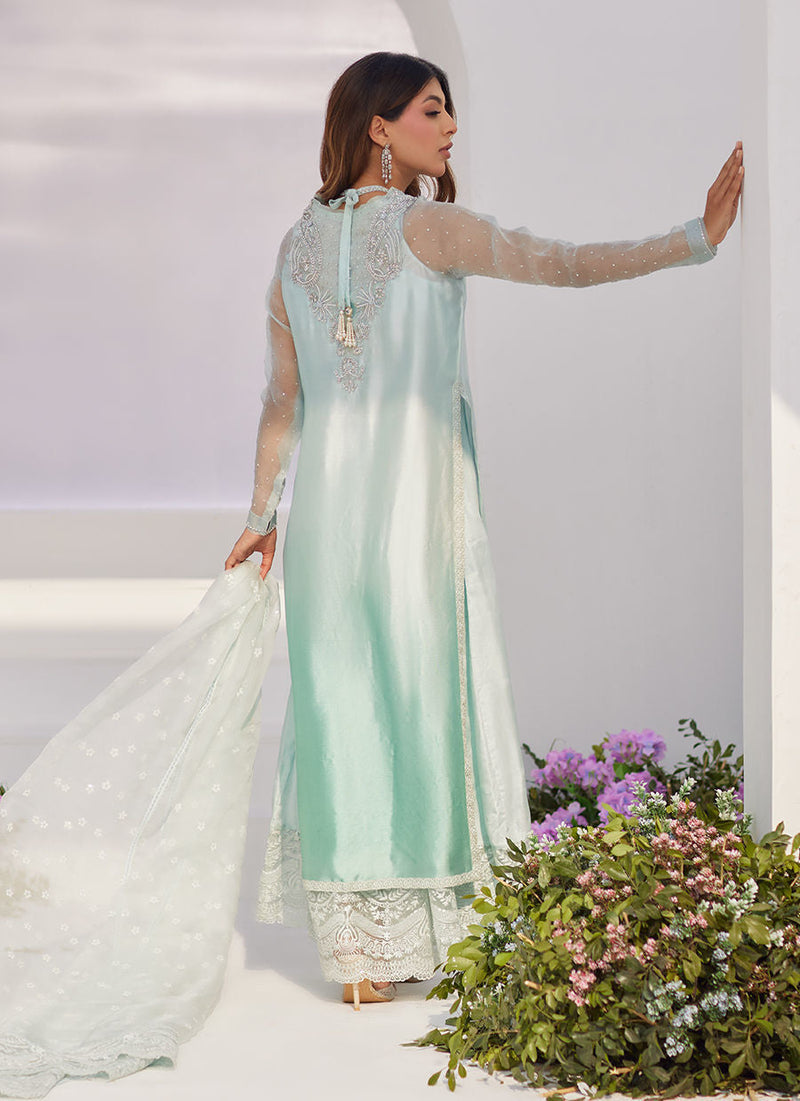 Farah Talib Aziz | Zaza Luxe Pret 24 | SOLENE AQUA OMBRE EMBELLISHED COLUMN SHIRT WITH EMBROIDERED KALIDAAR SLIP by Farah Talib Aziz - Designer Dress - Type: Ladies Clothes - Available at Libayah - 100% Original