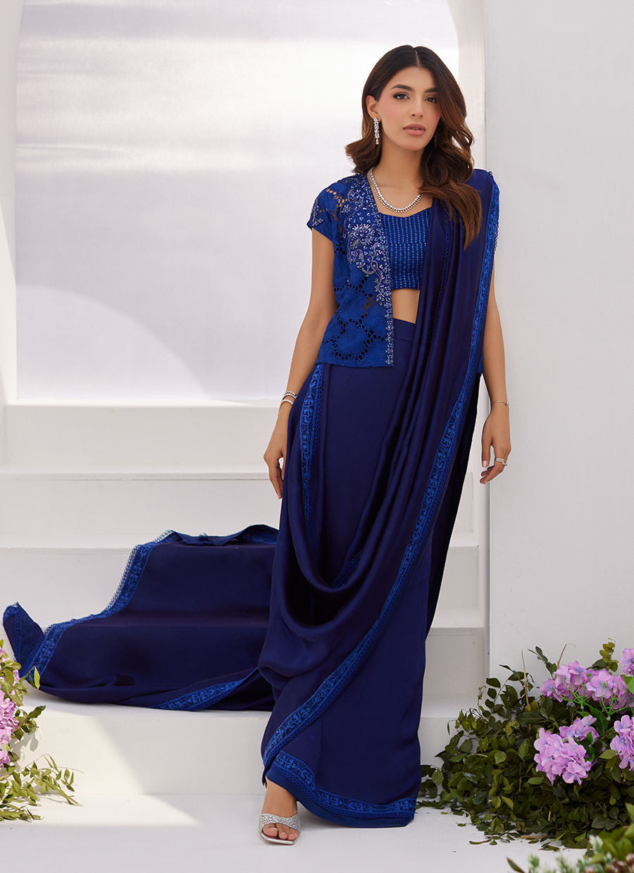 Farah Talib Aziz | Zaza Luxe Pret 24 | OCEAN NAVY DRAPED SAREE WITH CUTWORK EMBELLISHED CAPE by Farah Talib Aziz - Designer Dress - Type: Ladies Clothes - Available at Libayah - 100% Original