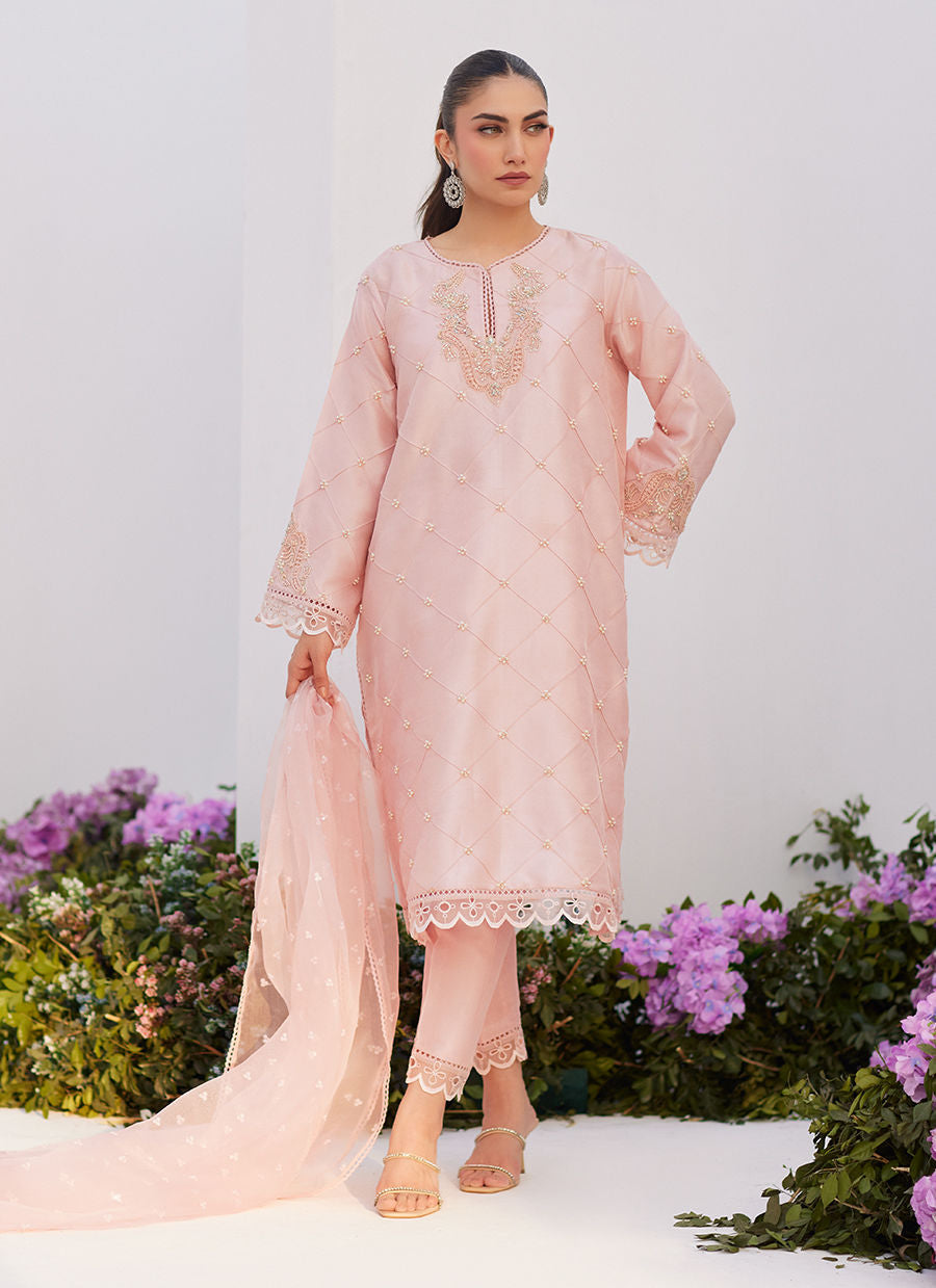 Farah Talib Aziz | Zaza Luxe Pret 24 | BEBE BLUSH PINK EMBELLISHED RAW SILK KURTA SHIRT AND DUPATTA by Farah Talib Aziz - Designer Dress - Type: Ladies Clothes - Available at Libayah - 100% Original