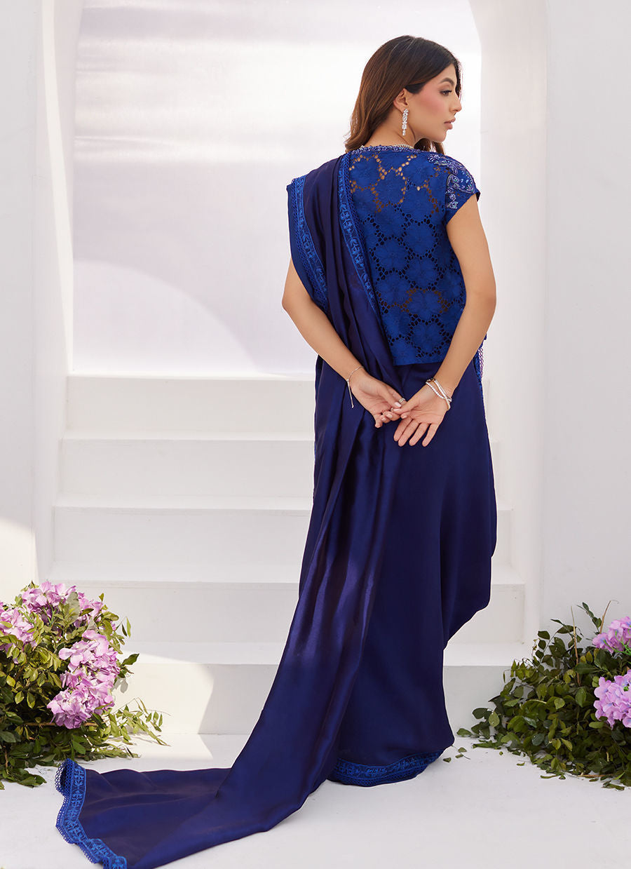 Farah Talib Aziz | Zaza Luxe Pret 24 | OCEAN NAVY DRAPED SAREE WITH CUTWORK EMBELLISHED CAPE by Farah Talib Aziz - Designer Dress - Type: Ladies Clothes - Available at Libayah - 100% Original