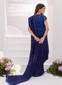 Farah Talib Aziz | Zaza Luxe Pret 24 | OCEAN NAVY DRAPED SAREE WITH CUTWORK EMBELLISHED CAPE by Farah Talib Aziz - Designer Dress - Type: Ladies Clothes - Available at Libayah - 100% Original
