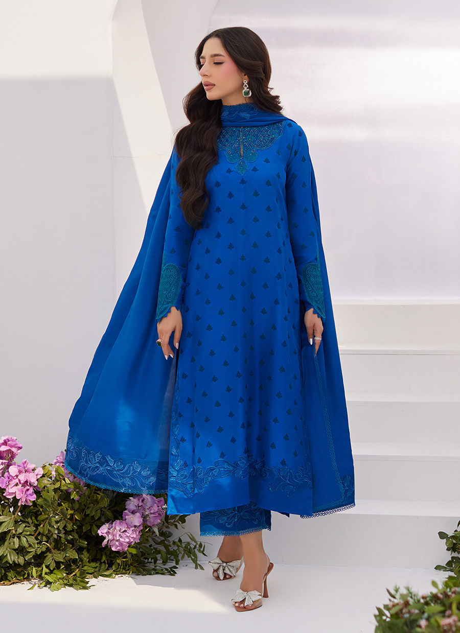 Farah Talib Aziz | Zaza Luxe Pret 24 | CHARR BLUE EMBROIDERED RAW SILK SHIRT AND DUPATTA by Farah Talib Aziz - Designer Dress - Type: Ladies Clothes - Available at Libayah - 100% Original
