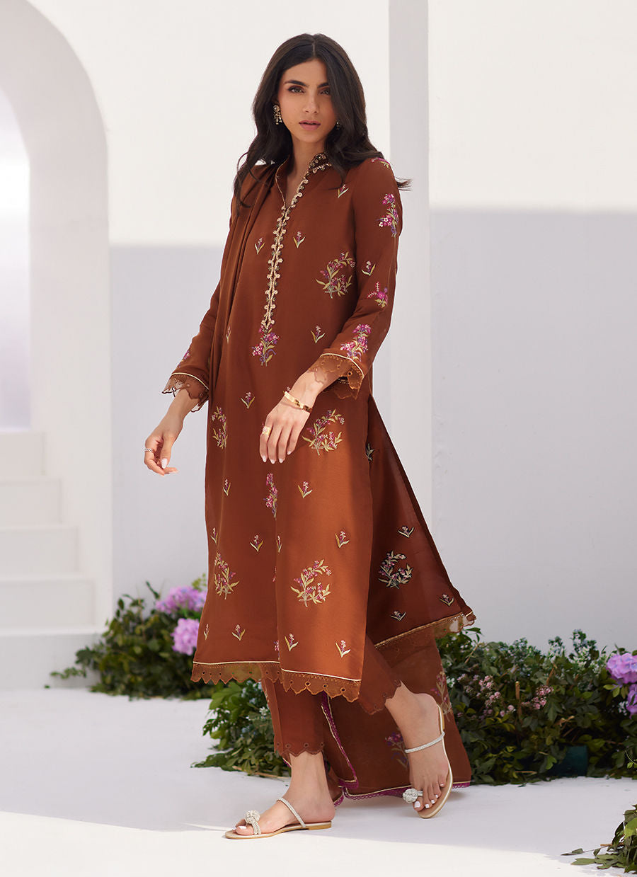 Farah Talib Aziz | Zaza Luxe Pret 24 | NOEMIE CHOCOLATE EMBROIDERED RAW SILK SHIRT AND DUPATTA by Farah Talib Aziz - Designer Dress - Type: Ladies Clothes - Available at Libayah - 100% Original