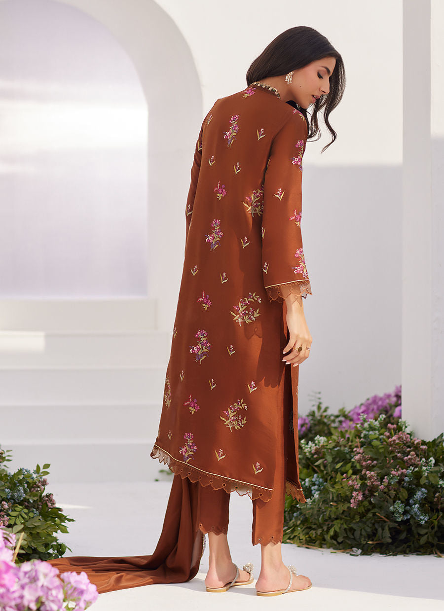Farah Talib Aziz | Zaza Luxe Pret 24 | NOEMIE CHOCOLATE EMBROIDERED RAW SILK SHIRT AND DUPATTA by Farah Talib Aziz - Designer Dress - Type: Ladies Clothes - Available at Libayah - 100% Original
