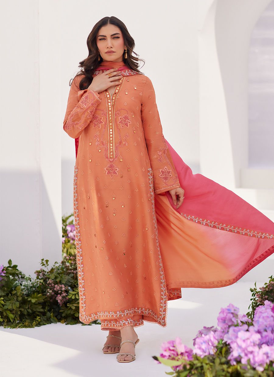 Farah Talib Aziz | Zaza Luxe Pret 24 | ELYNA CORAL EMBROIDERED RAW SILK SHIRT AND DUPATTA by Farah Talib Aziz - Designer Dress - Type: Ladies Clothes - Available at Libayah - 100% Original