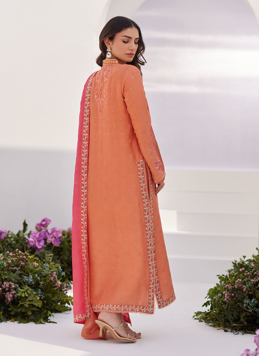 Farah Talib Aziz | Zaza Luxe Pret 24 | ELYNA CORAL EMBROIDERED RAW SILK SHIRT AND DUPATTA by Farah Talib Aziz - Designer Dress - Type: Ladies Clothes - Available at Libayah - 100% Original