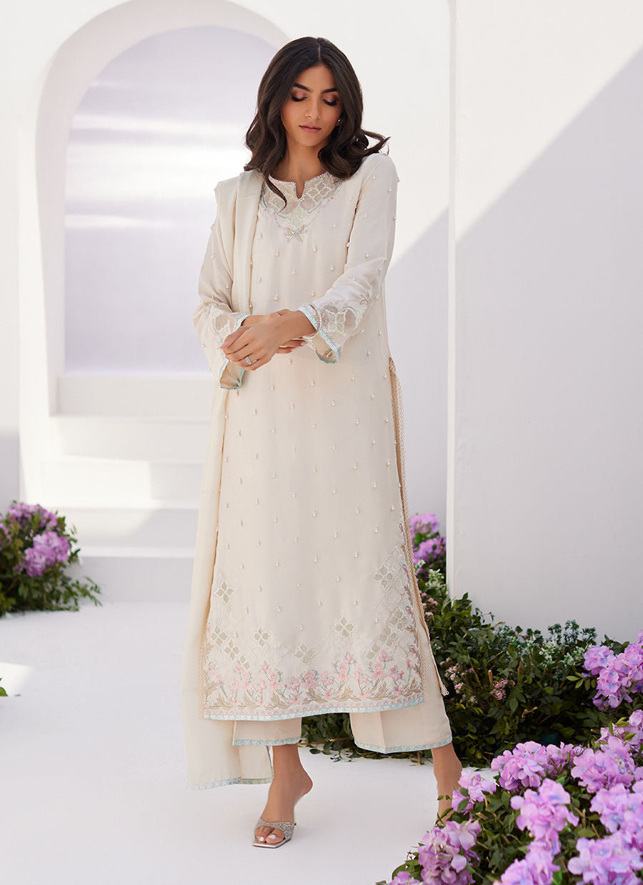 Farah Talib Aziz | Zaza Luxe Pret 24 | LYA IVORY EMBELLISHED RAW SILK SHIRT AND DUPATTA by Farah Talib Aziz - Designer Dress - Type: Ladies Clothes - Available at Libayah - 100% Original