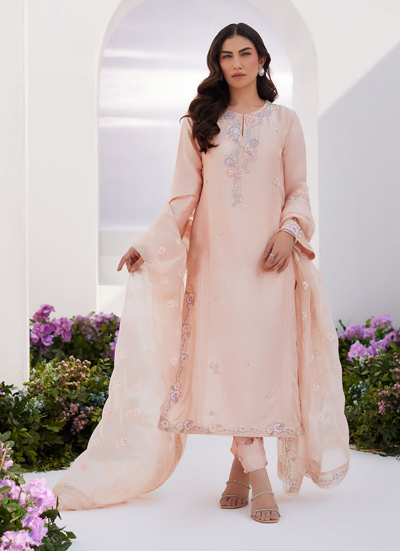 Farah Talib Aziz | Zaza Luxe Pret 24 | ELEA PEACH EMBROIDERED RAW SILK SHIRT AND DUPATTA by Farah Talib Aziz - Designer Dress - Type: Ladies Clothes - Available at Libayah - 100% Original