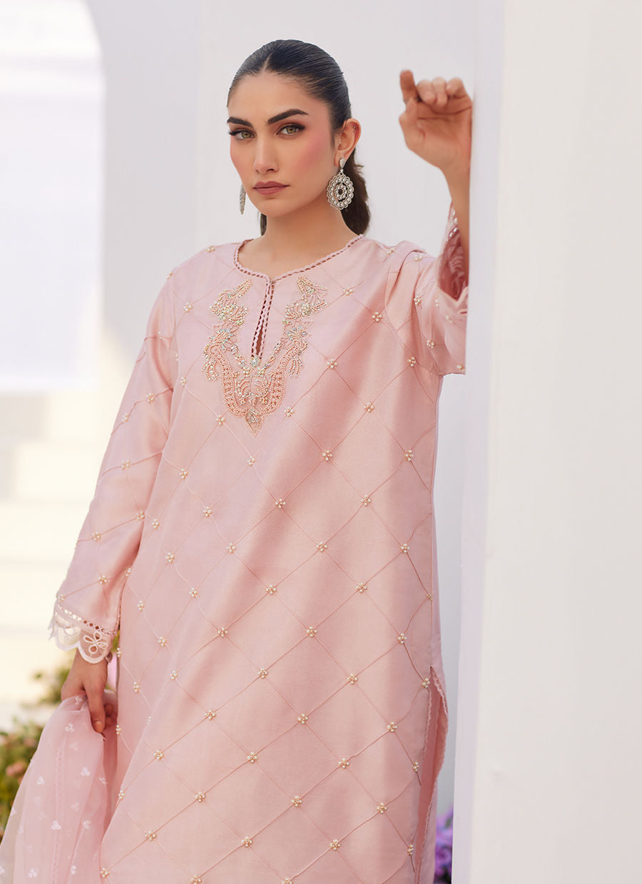 Farah Talib Aziz | Zaza Luxe Pret 24 | BEBE BLUSH PINK EMBELLISHED RAW SILK KURTA SHIRT AND DUPATTA by Farah Talib Aziz - Designer Dress - Type: Ladies Clothes - Available at Libayah - 100% Original