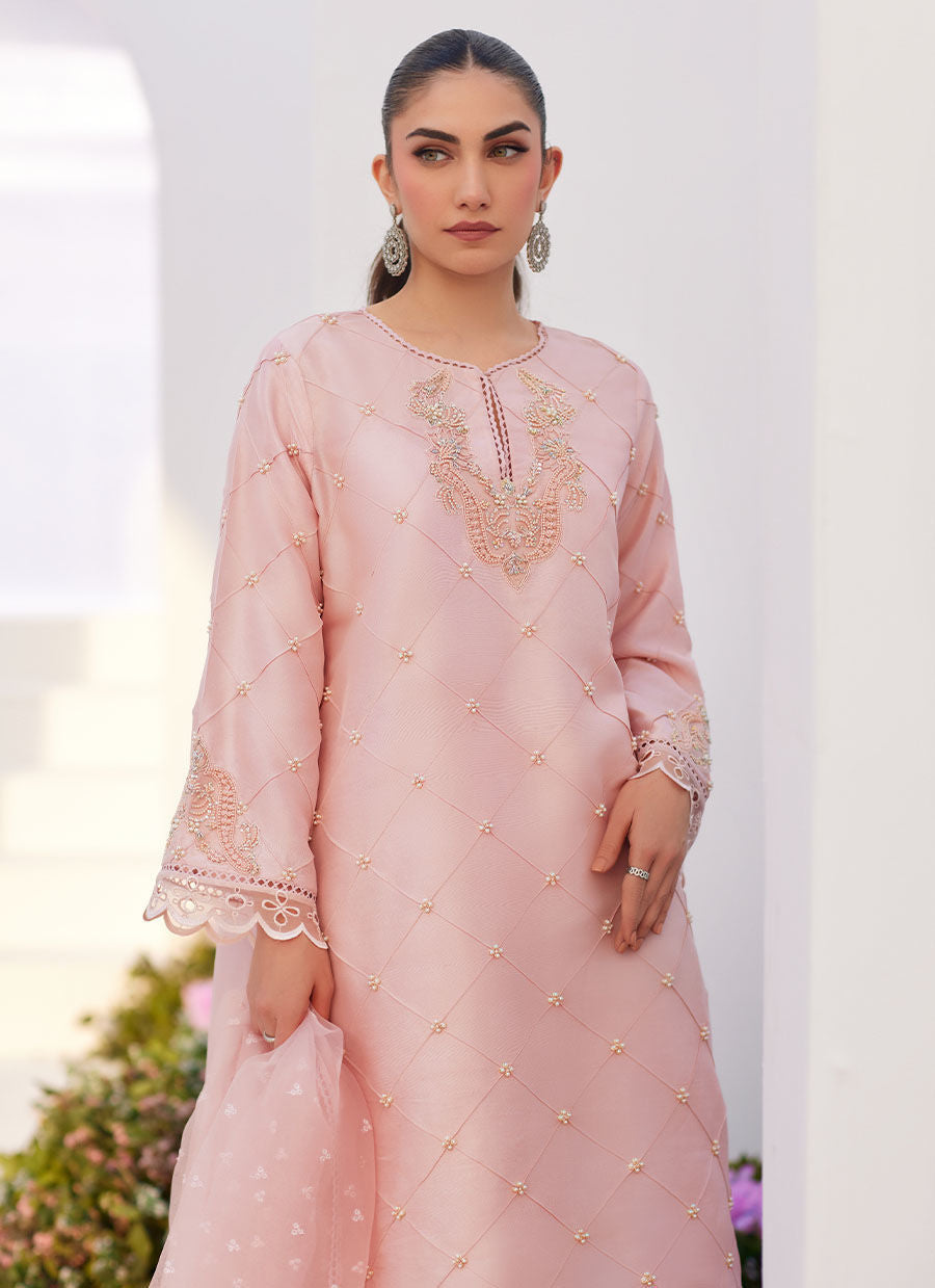 Farah Talib Aziz | Zaza Luxe Pret 24 | BEBE BLUSH PINK EMBELLISHED RAW SILK KURTA SHIRT AND DUPATTA by Farah Talib Aziz - Designer Dress - Type: Ladies Clothes - Available at Libayah - 100% Original