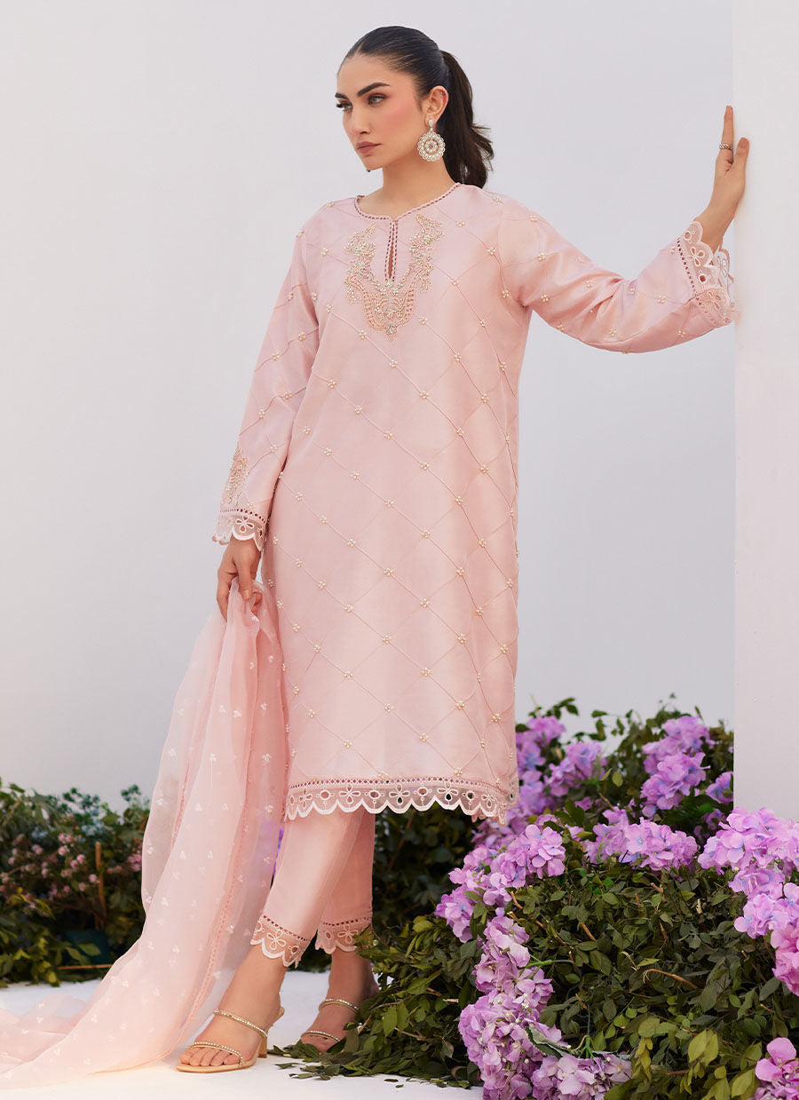 Farah Talib Aziz | Zaza Luxe Pret 24 | BEBE BLUSH PINK EMBELLISHED RAW SILK KURTA SHIRT AND DUPATTA by Farah Talib Aziz - Designer Dress - Type: Ladies Clothes - Available at Libayah - 100% Original