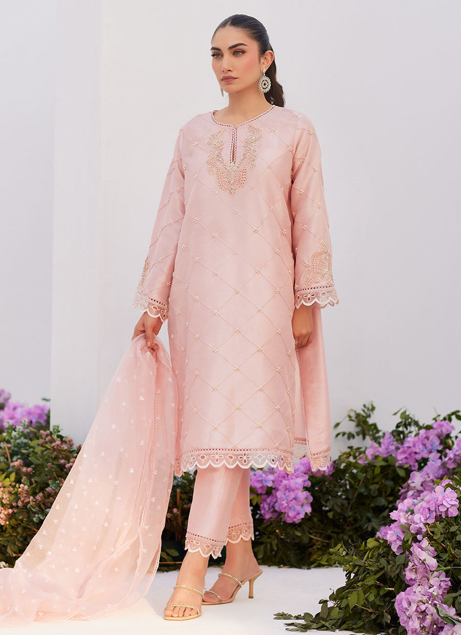 Farah Talib Aziz | Zaza Luxe Pret 24 | BEBE BLUSH PINK EMBELLISHED RAW SILK KURTA SHIRT AND DUPATTA by Farah Talib Aziz - Designer Dress - Type: Ladies Clothes - Available at Libayah - 100% Original