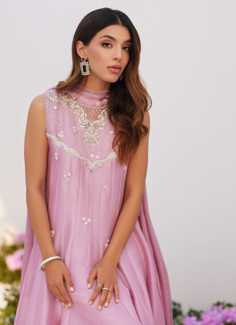 Farah Talib Aziz | Zaza Luxe Pret 24 | CECE MAUVE EMBELLISHED RAW SILK KALIDAR WITH CHARMUESE DUPATTA by Farah Talib Aziz - Designer Dress - Type: Ladies Clothes - Available at Libayah - 100% Original