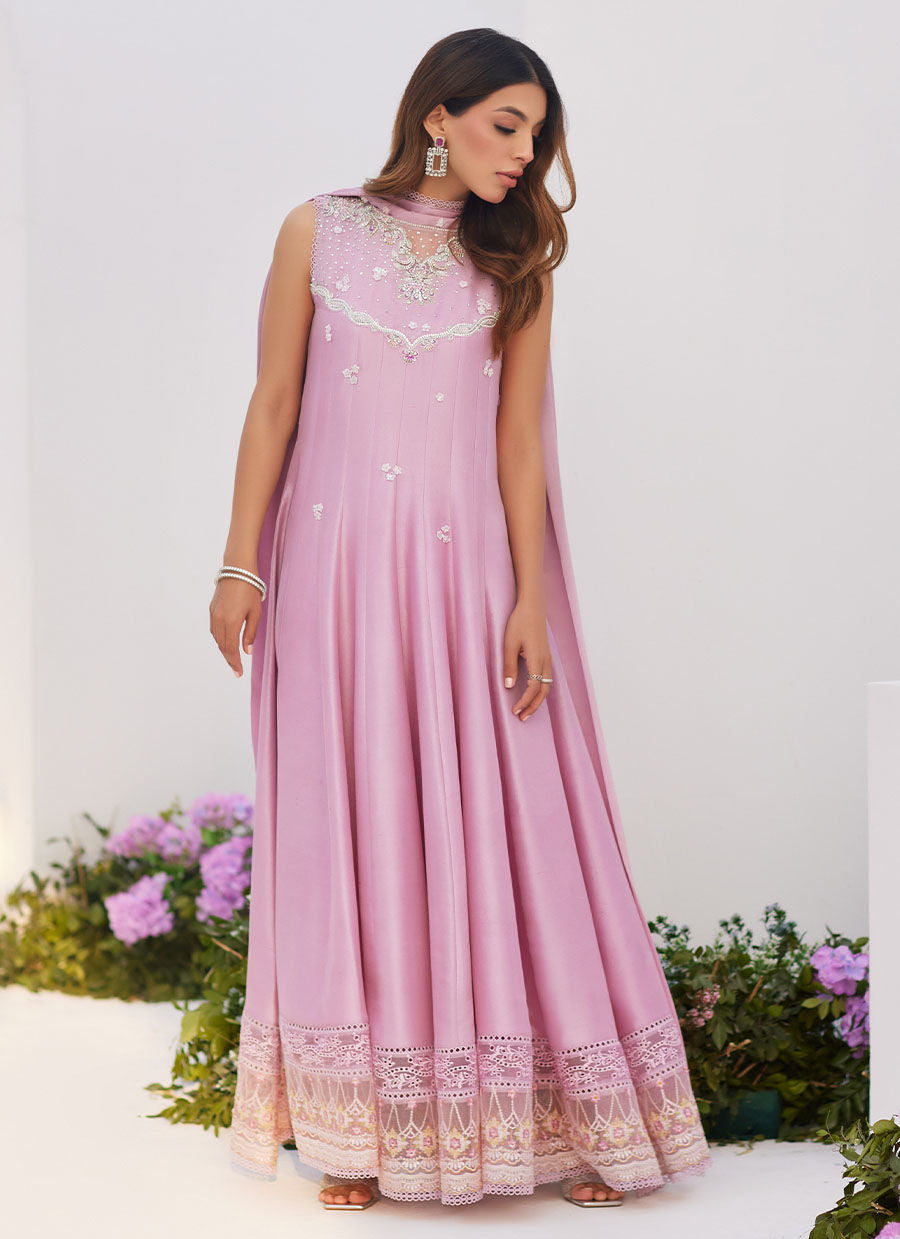 Farah Talib Aziz | Zaza Luxe Pret 24 | CECE MAUVE EMBELLISHED RAW SILK KALIDAR WITH CHARMUESE DUPATTA by Farah Talib Aziz - Designer Dress - Type: Ladies Clothes - Available at Libayah - 100% Original