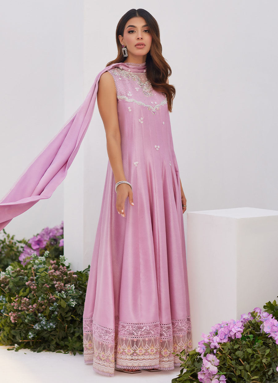 Farah Talib Aziz | Zaza Luxe Pret 24 | CECE MAUVE EMBELLISHED RAW SILK KALIDAR WITH CHARMUESE DUPATTA by Farah Talib Aziz - Designer Dress - Type: Ladies Clothes - Available at Libayah - 100% Original