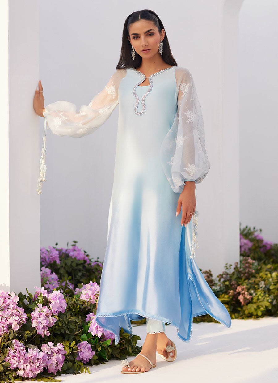 Farah Talib Aziz | Zaza Luxe Pret 24 | BOW OMBRE BLUE EMBELLISHED KAFTAN CUT SHIRT by Farah Talib Aziz - Designer Dress - Type: Ladies Clothes - Available at Libayah - 100% Original