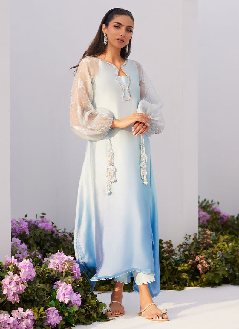 Farah Talib Aziz | Zaza Luxe Pret 24 | BOW OMBRE BLUE EMBELLISHED KAFTAN CUT SHIRT by Farah Talib Aziz - Designer Dress - Type: Ladies Clothes - Available at Libayah - 100% Original
