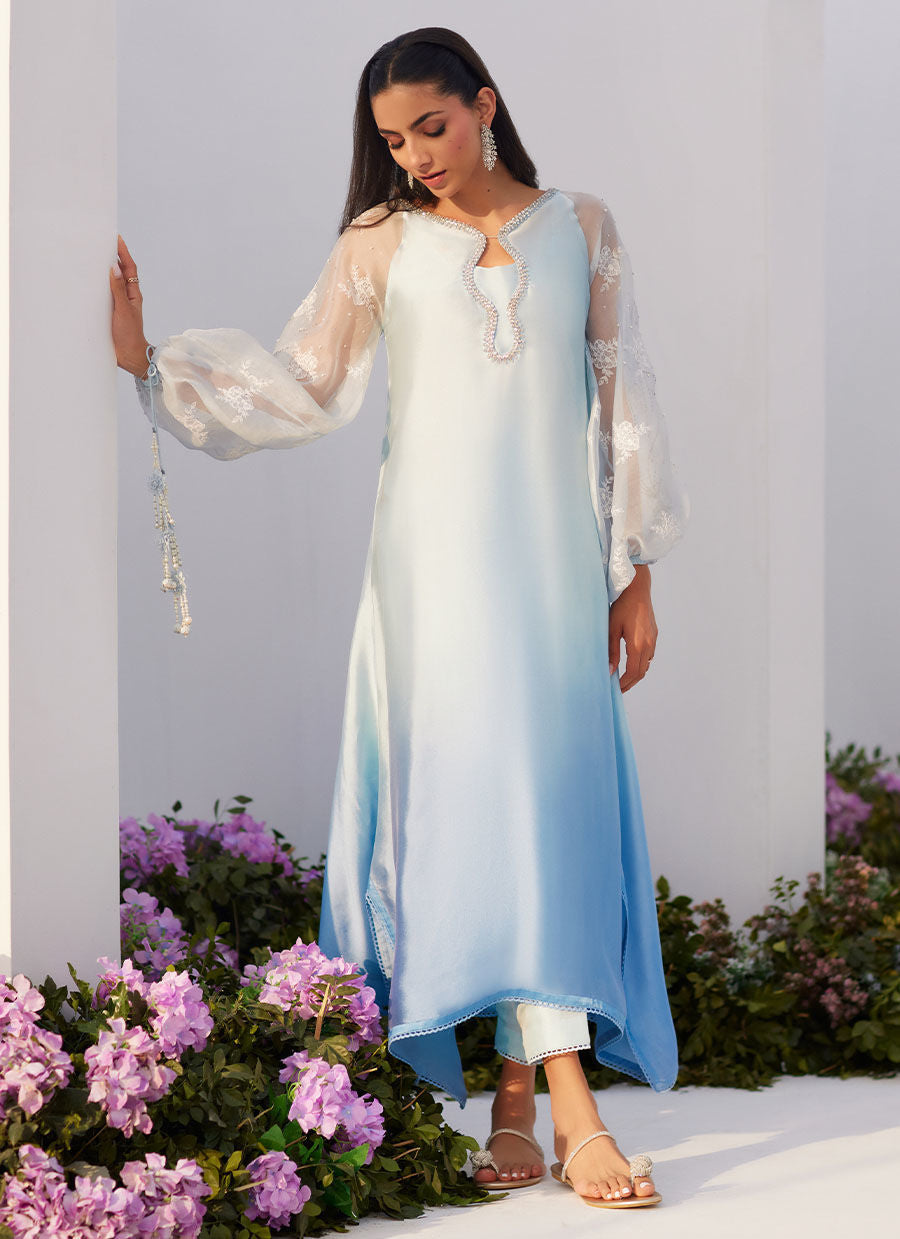Farah Talib Aziz | Zaza Luxe Pret 24 | BOW OMBRE BLUE EMBELLISHED KAFTAN CUT SHIRT by Farah Talib Aziz - Designer Dress - Type: Ladies Clothes - Available at Libayah - 100% Original