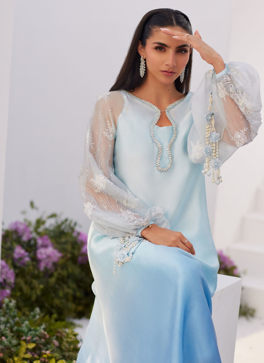 Farah Talib Aziz | Zaza Luxe Pret 24 | BOW OMBRE BLUE EMBELLISHED KAFTAN CUT SHIRT by Farah Talib Aziz - Designer Dress - Type: Ladies Clothes - Available at Libayah - 100% Original