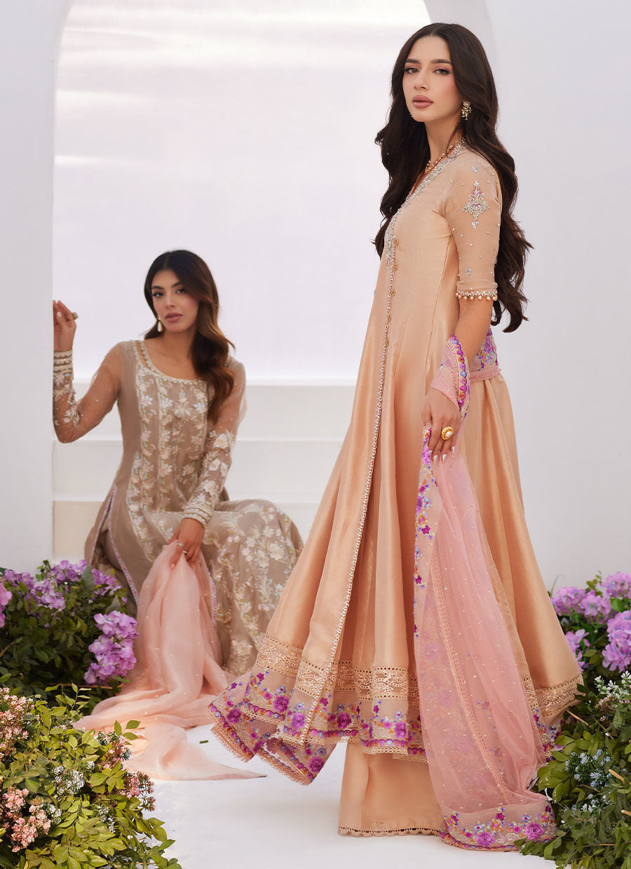 Farah Talib Aziz | Zaza Luxe Pret 24 | LISETTE FAWN EMBELLISHED RAW SILK ANGARKHA AND DUPATTA by Farah Talib Aziz - Designer Dress - Type: Ladies Clothes - Available at Libayah - 100% Original