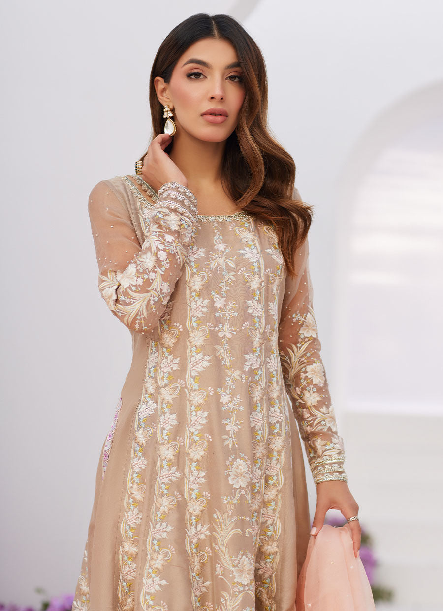 Farah Talib Aziz | Zaza Luxe Pret 24 | CHARLENE SAND EMBROIDERED KALIDAAR WITH DUPATTA by Farah Talib Aziz - Designer Dress - Type: Ladies Clothes - Available at Libayah - 100% Original