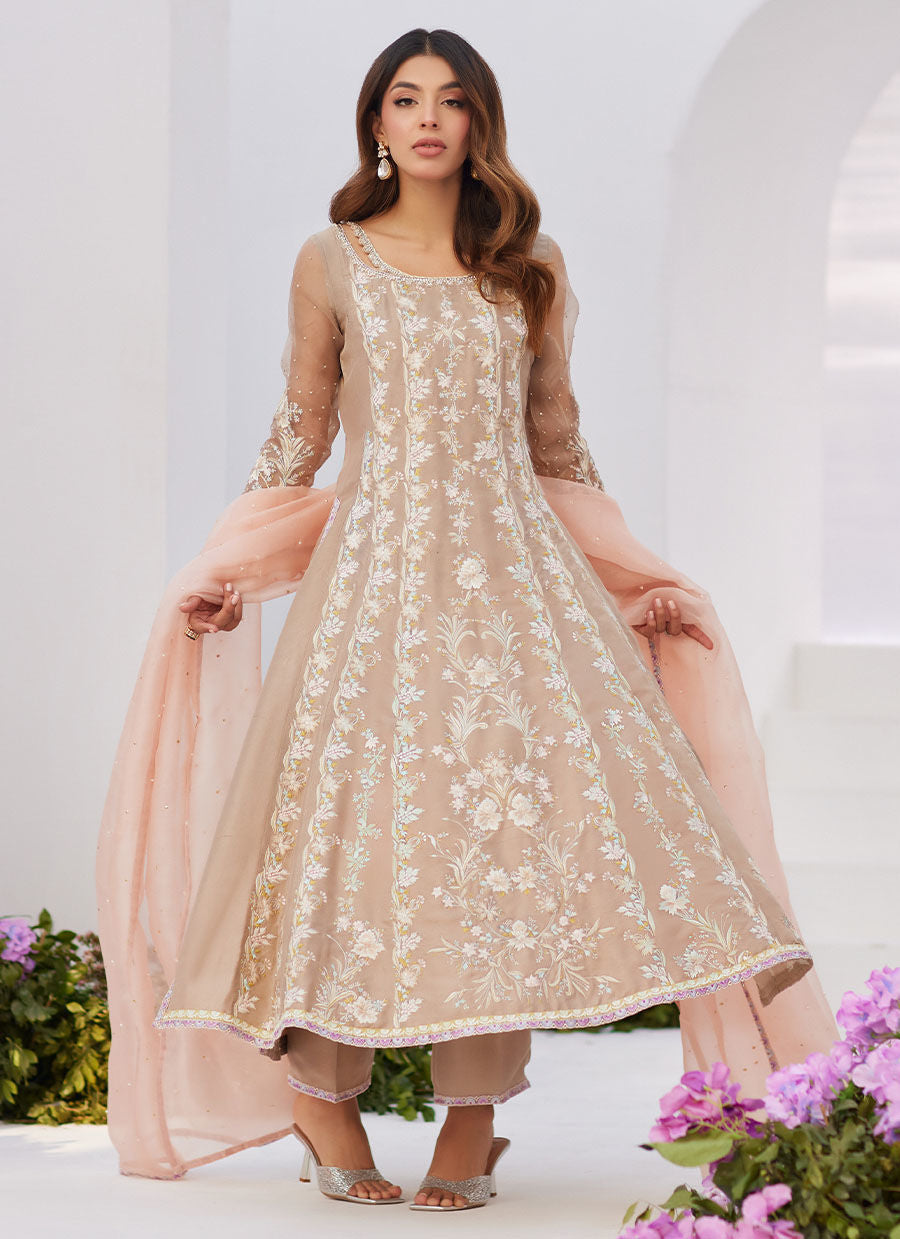 Farah Talib Aziz | Zaza Luxe Pret 24 | CHARLENE SAND EMBROIDERED KALIDAAR WITH DUPATTA by Farah Talib Aziz - Designer Dress - Type: Ladies Clothes - Available at Libayah - 100% Original