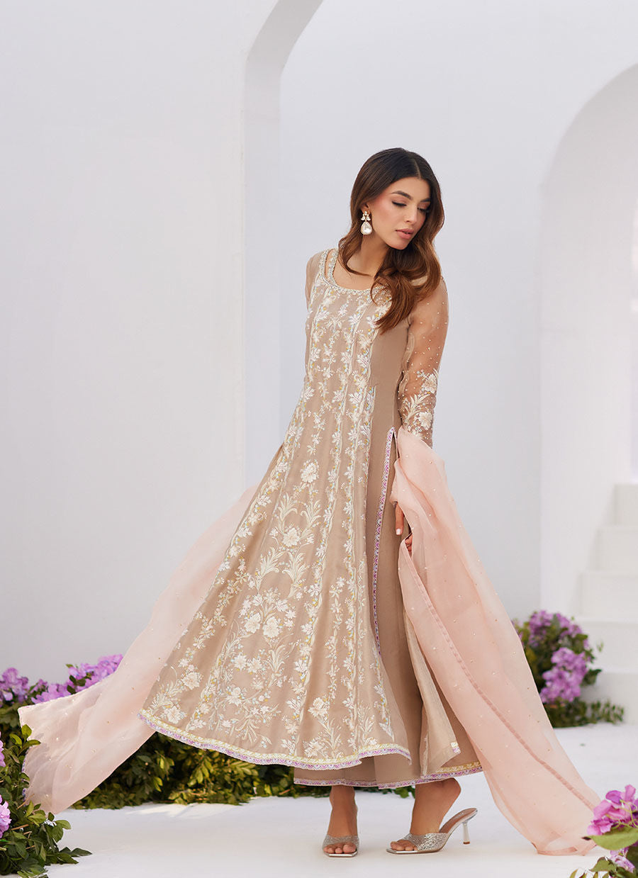 Farah Talib Aziz | Zaza Luxe Pret 24 | CHARLENE SAND EMBROIDERED KALIDAAR WITH DUPATTA by Farah Talib Aziz - Designer Dress - Type: Ladies Clothes - Available at Libayah - 100% Original