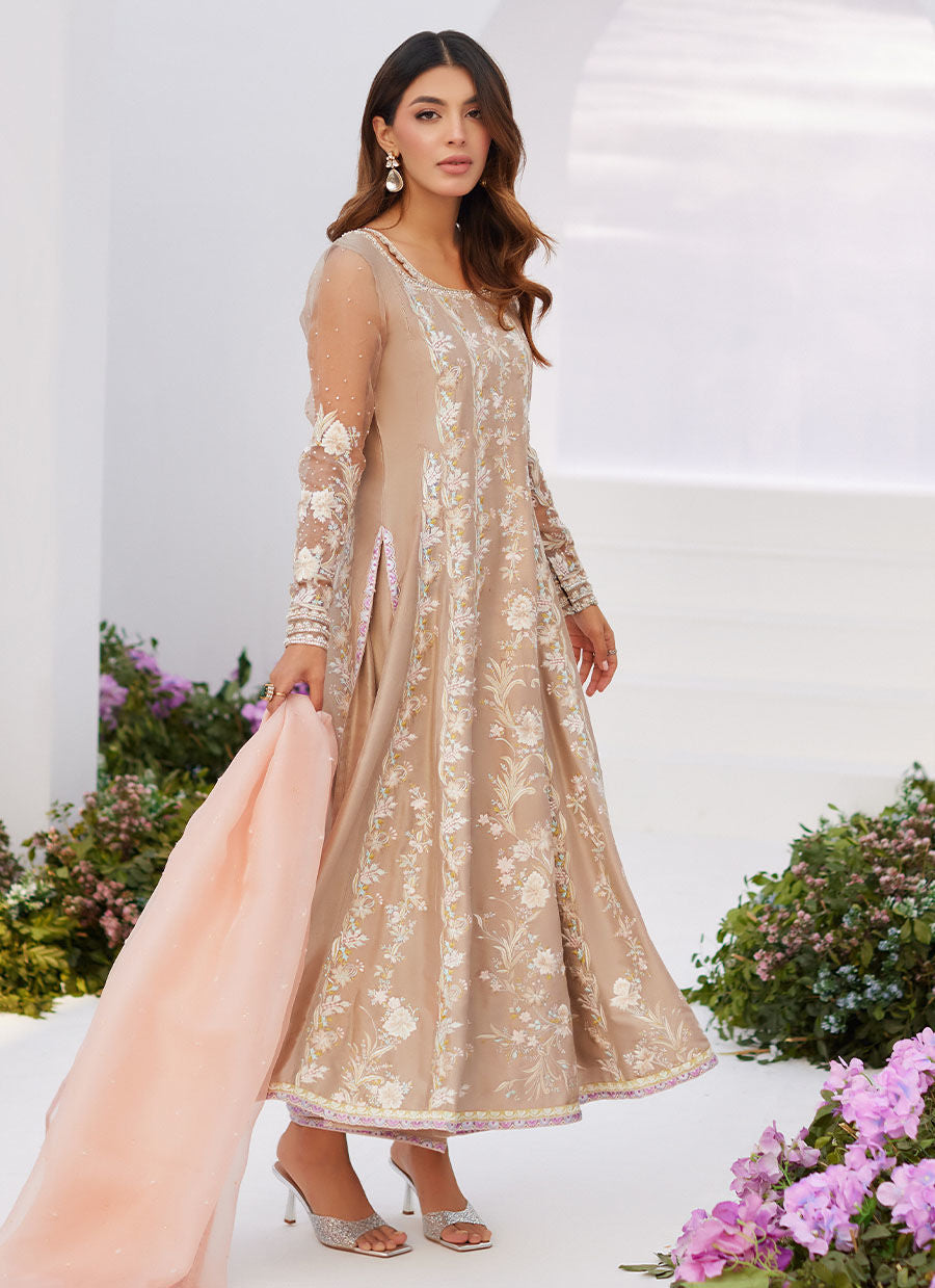Farah Talib Aziz | Zaza Luxe Pret 24 | CHARLENE SAND EMBROIDERED KALIDAAR WITH DUPATTA by Farah Talib Aziz - Designer Dress - Type: Ladies Clothes - Available at Libayah - 100% Original
