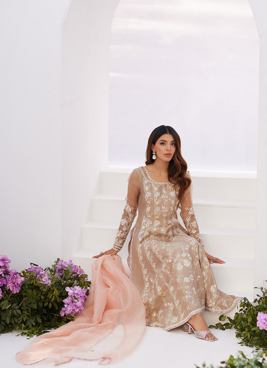 Farah Talib Aziz | Zaza Luxe Pret 24 | CHARLENE SAND EMBROIDERED KALIDAAR WITH DUPATTA by Farah Talib Aziz - Designer Dress - Type: Ladies Clothes - Available at Libayah - 100% Original