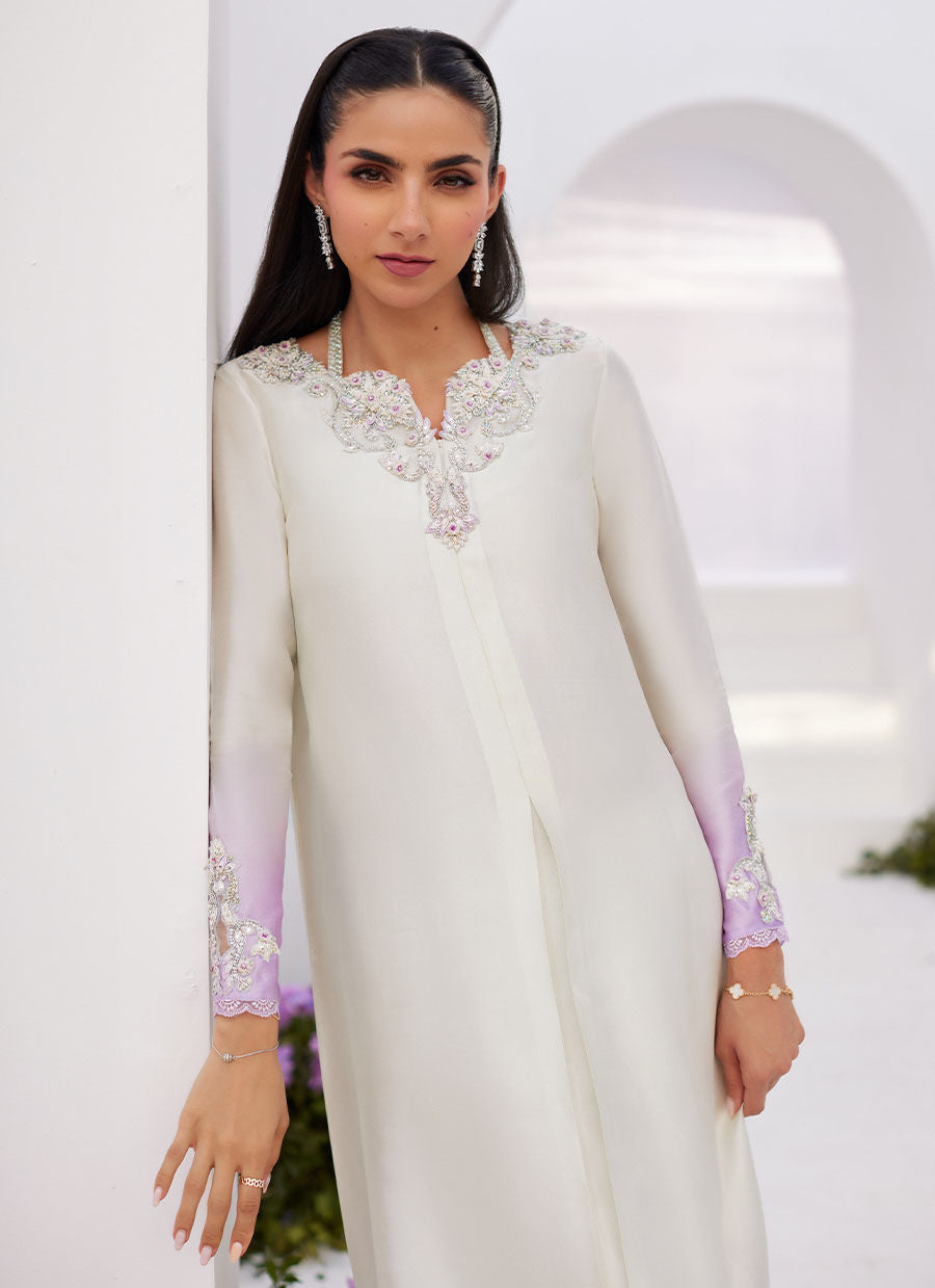 Farah Talib Aziz | Zaza Luxe Pret 24 | LIQUE SILVER OMBRE EMBELLISHED KAFTAAN CUT SHIRT by Farah Talib Aziz - Designer Dress - Type: Ladies Clothes - Available at Libayah - 100% Original