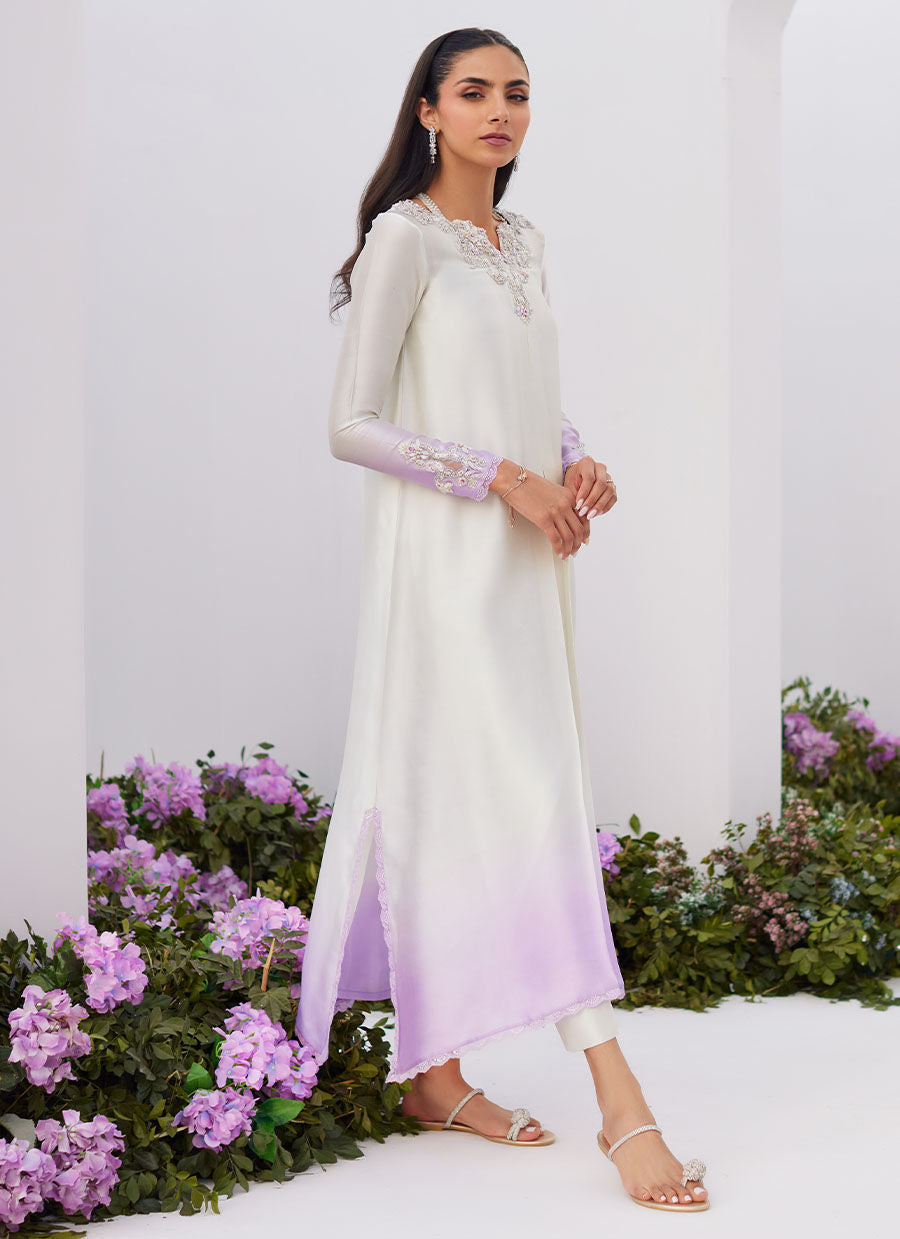 Farah Talib Aziz | Zaza Luxe Pret 24 | LIQUE SILVER OMBRE EMBELLISHED KAFTAAN CUT SHIRT by Farah Talib Aziz - Designer Dress - Type: Ladies Clothes - Available at Libayah - 100% Original