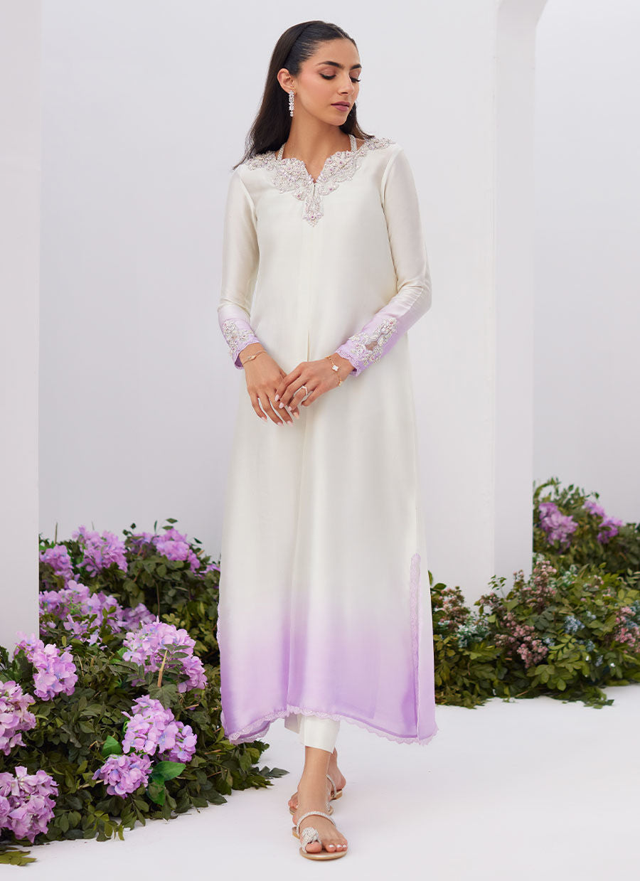 Farah Talib Aziz | Zaza Luxe Pret 24 | LIQUE SILVER OMBRE EMBELLISHED KAFTAAN CUT SHIRT by Farah Talib Aziz - Designer Dress - Type: Ladies Clothes - Available at Libayah - 100% Original