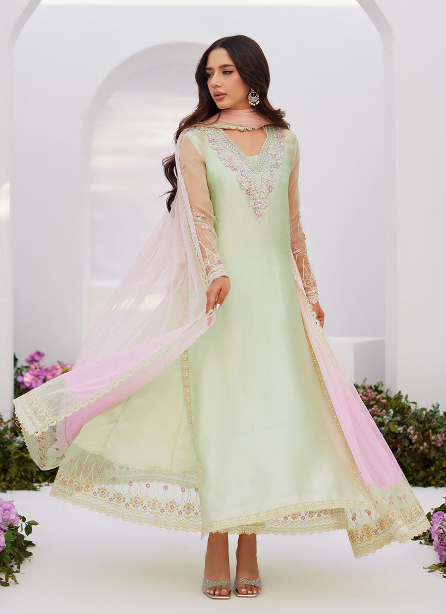 Farah Talib Aziz | Zaza Luxe Pret 24 | COLLETTE MINT OMBRE EMBELLISHED COLUMN SHIRT WITH KALIDAAR WITH EMBROIDERED SLIP by Farah Talib Aziz - Designer Dress - Type: Ladies Clothes - Available at Libayah - 100% Original