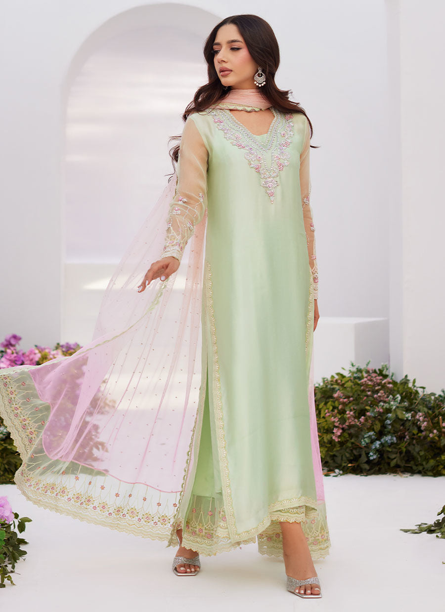 Farah Talib Aziz | Zaza Luxe Pret 24 | COLLETTE MINT OMBRE EMBELLISHED COLUMN SHIRT WITH KALIDAAR WITH EMBROIDERED SLIP by Farah Talib Aziz - Designer Dress - Type: Ladies Clothes - Available at Libayah - 100% Original