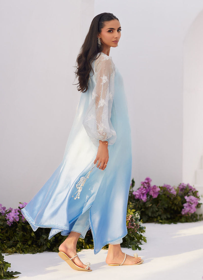 Farah Talib Aziz | Zaza Luxe Pret 24 | BOW OMBRE BLUE EMBELLISHED KAFTAN CUT SHIRT by Farah Talib Aziz - Designer Dress - Type: Ladies Clothes - Available at Libayah - 100% Original