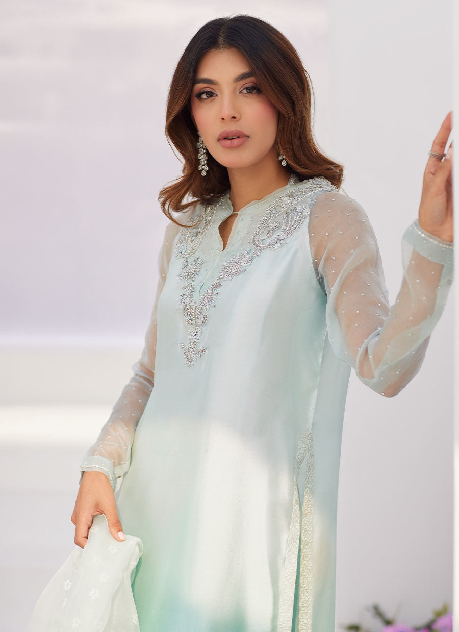 Farah Talib Aziz | Zaza Luxe Pret 24 | SOLENE AQUA OMBRE EMBELLISHED COLUMN SHIRT WITH EMBROIDERED KALIDAAR SLIP by Farah Talib Aziz - Designer Dress - Type: Ladies Clothes - Available at Libayah - 100% Original