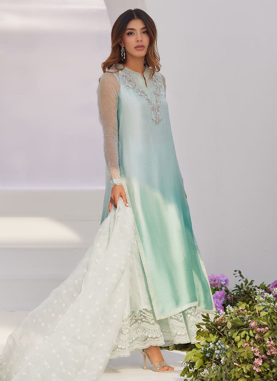 Farah Talib Aziz | Zaza Luxe Pret 24 | SOLENE AQUA OMBRE EMBELLISHED COLUMN SHIRT WITH EMBROIDERED KALIDAAR SLIP by Farah Talib Aziz - Designer Dress - Type: Ladies Clothes - Available at Libayah - 100% Original