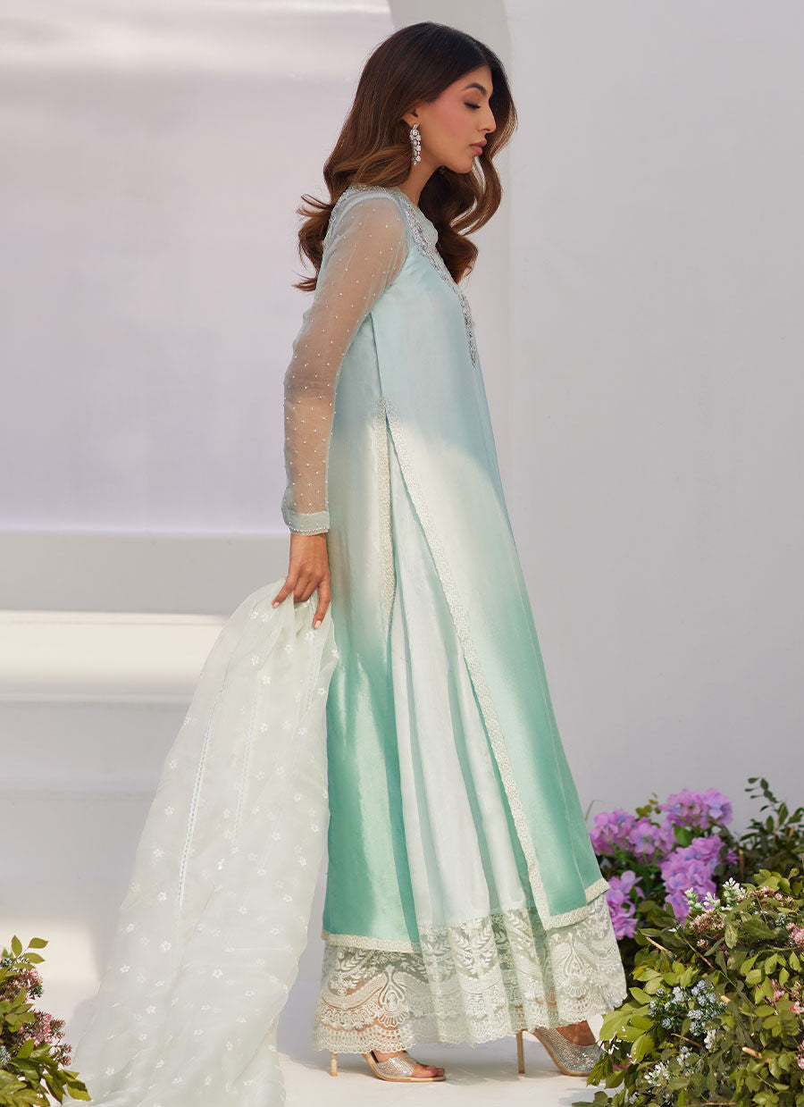 Farah Talib Aziz | Zaza Luxe Pret 24 | SOLENE AQUA OMBRE EMBELLISHED COLUMN SHIRT WITH EMBROIDERED KALIDAAR SLIP by Farah Talib Aziz - Designer Dress - Type: Ladies Clothes - Available at Libayah - 100% Original