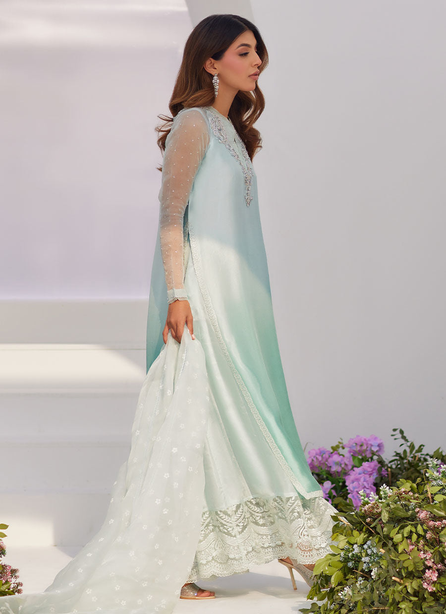 Farah Talib Aziz | Zaza Luxe Pret 24 | SOLENE AQUA OMBRE EMBELLISHED COLUMN SHIRT WITH EMBROIDERED KALIDAAR SLIP by Farah Talib Aziz - Designer Dress - Type: Ladies Clothes - Available at Libayah - 100% Original