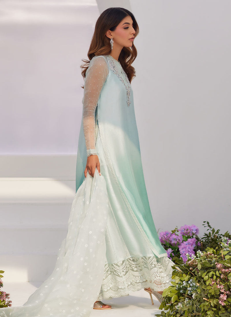 Farah Talib Aziz | Zaza Luxe Pret 24 | SOLENE AQUA OMBRE EMBELLISHED COLUMN SHIRT WITH EMBROIDERED KALIDAAR SLIP by Farah Talib Aziz - Designer Dress - Type: Ladies Clothes - Available at Libayah - 100% Original