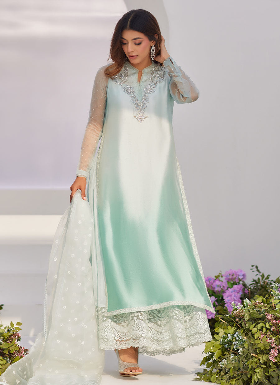 Farah Talib Aziz | Zaza Luxe Pret 24 | SOLENE AQUA OMBRE EMBELLISHED COLUMN SHIRT WITH EMBROIDERED KALIDAAR SLIP by Farah Talib Aziz - Designer Dress - Type: Ladies Clothes - Available at Libayah - 100% Original