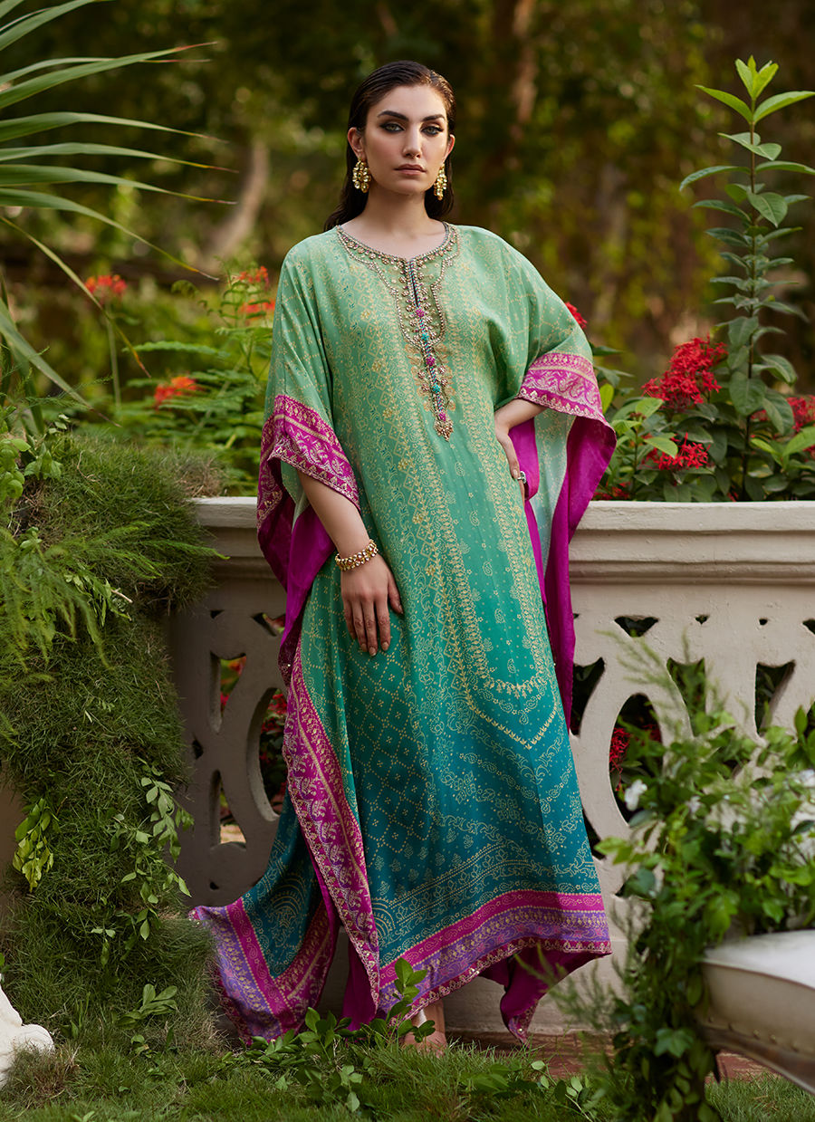 Farah Talib Aziz | Mayna Festive Prints 24 | Persia Teal Ombre Kaftan by Farah Talib Aziz - Designer Dress - Type: Ladies Clothes - Available at Libayah - 100% Original
